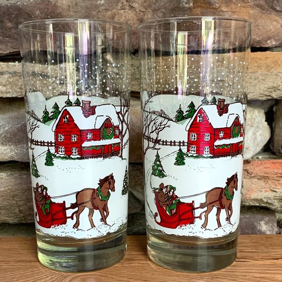 VTG Christmas Sleigh Horse Snow Winter Scene 2 Glasses Holiday